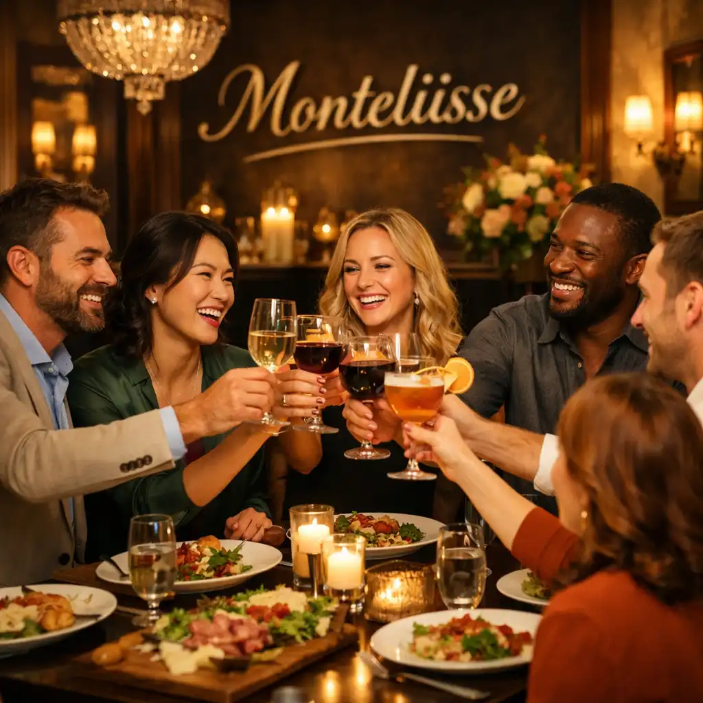 Groupe d'invités souriants réunis autour d'une table chez Monteliisse