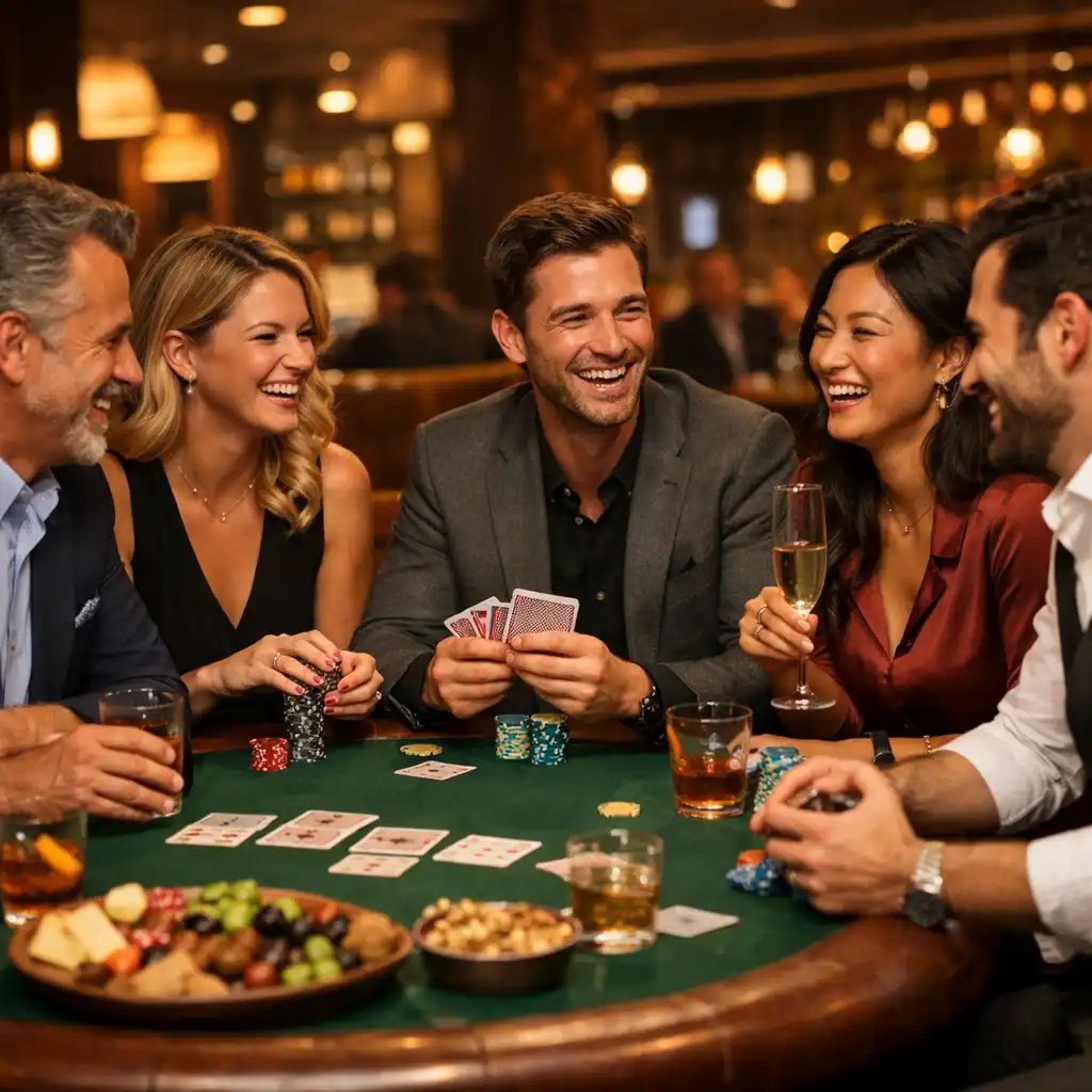 Groupe d'amis autour d'une table de poker lors d'une soirée conviviale chez Monteliisse