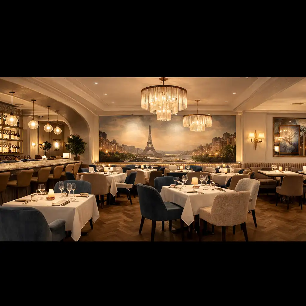 Intérieur élégant du restaurant Monteliisse avec une lumière chaleureuse