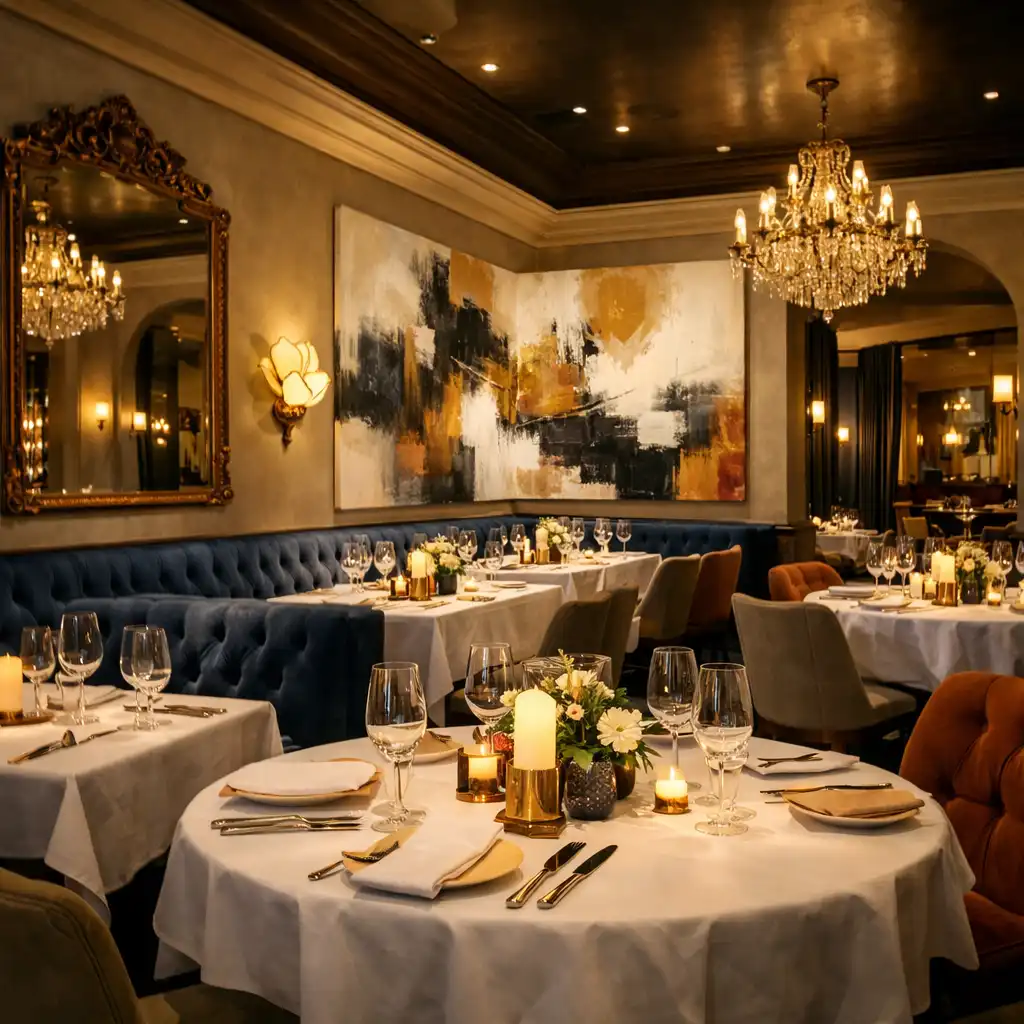 Intérieur raffiné du restaurant Monteliisse avec lumière douce et tables élégantes