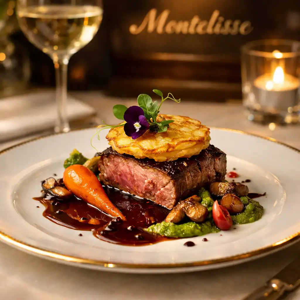 Plat gastronomique dressé de façon artistique chez Monteliisse, avec couleurs et textures raffinées
