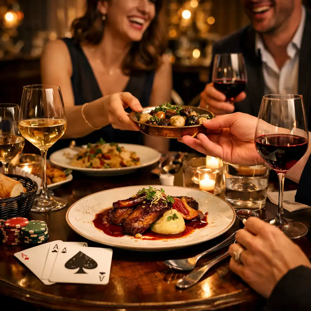 Assortiment de plats gastronomiques et cocktails raffinés servis à proximité d’une table de poker chez Monteliisse.