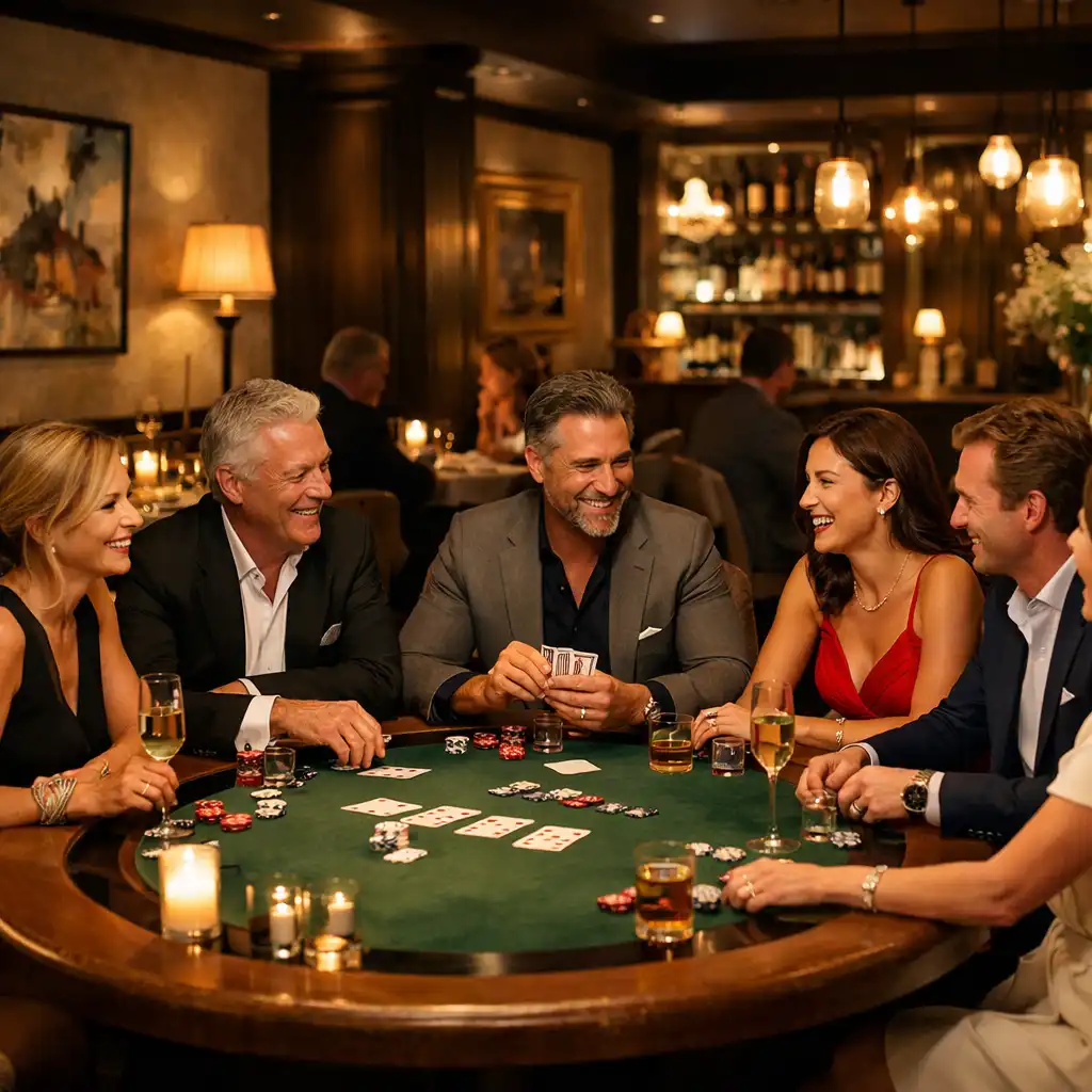 Groupe d’invités souriants autour d’une table de poker lors d’une soirée chez Monteliisse.