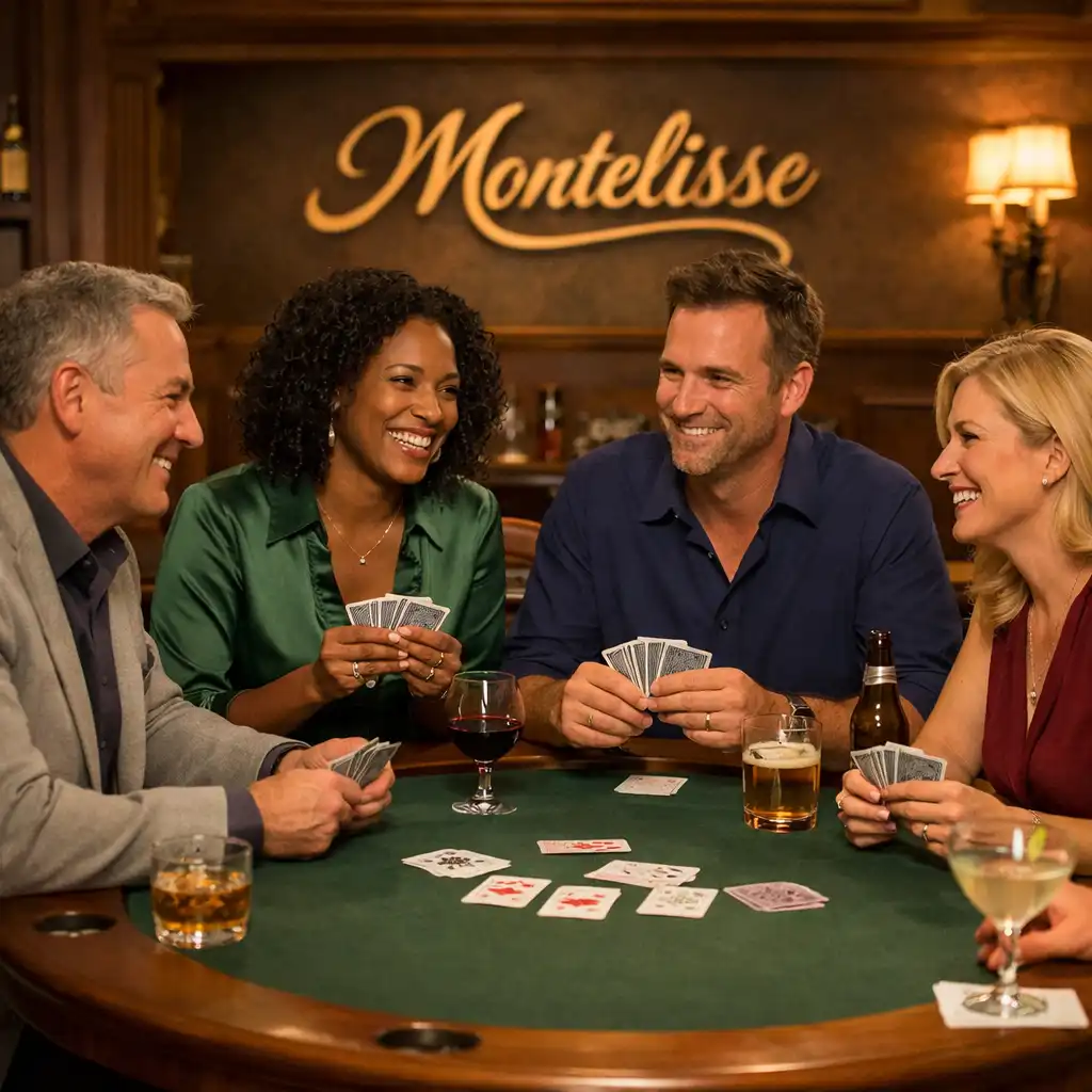 Table de poker offline conviviale chez Monteliisse, avec cartes et jetons dans une ambiance feutrée