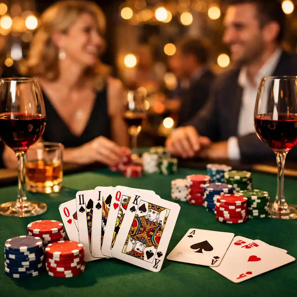 Table de poker élégamment dressée chez Monteliisse, avec cartes, jetons et lumière feutrée.
