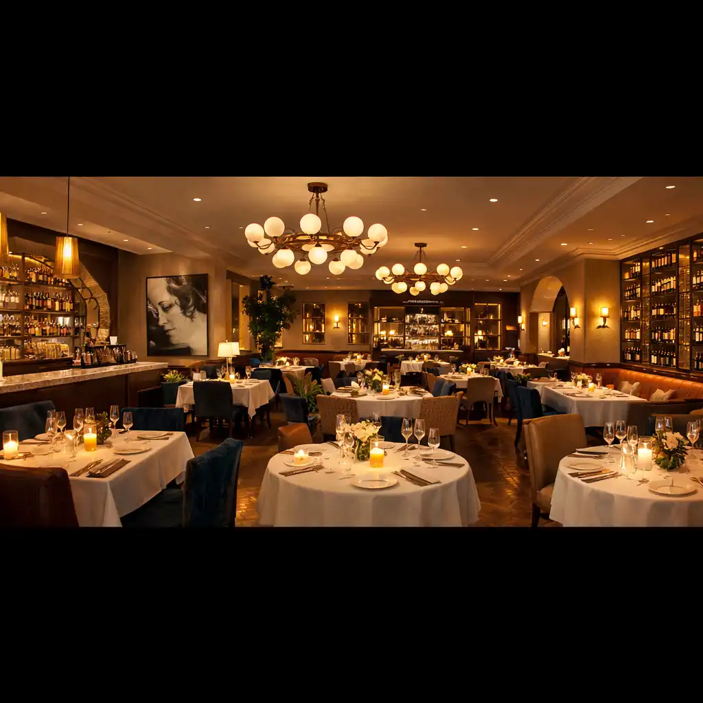 Vue d'ensemble du restaurant Monteliisse préparé pour une soirée festive