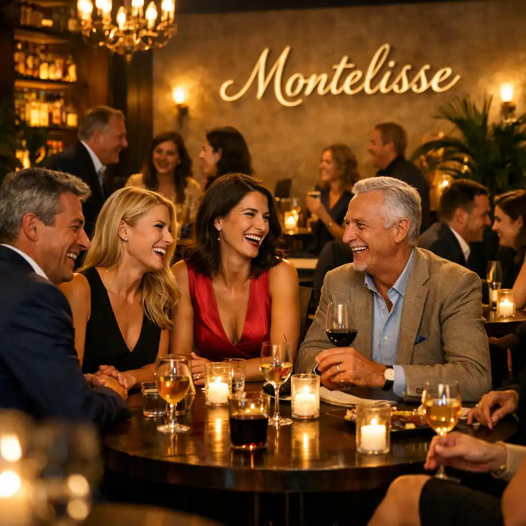 Soirée événementielle animée chez Monteliisse avec invités discutant autour de tables élégantes