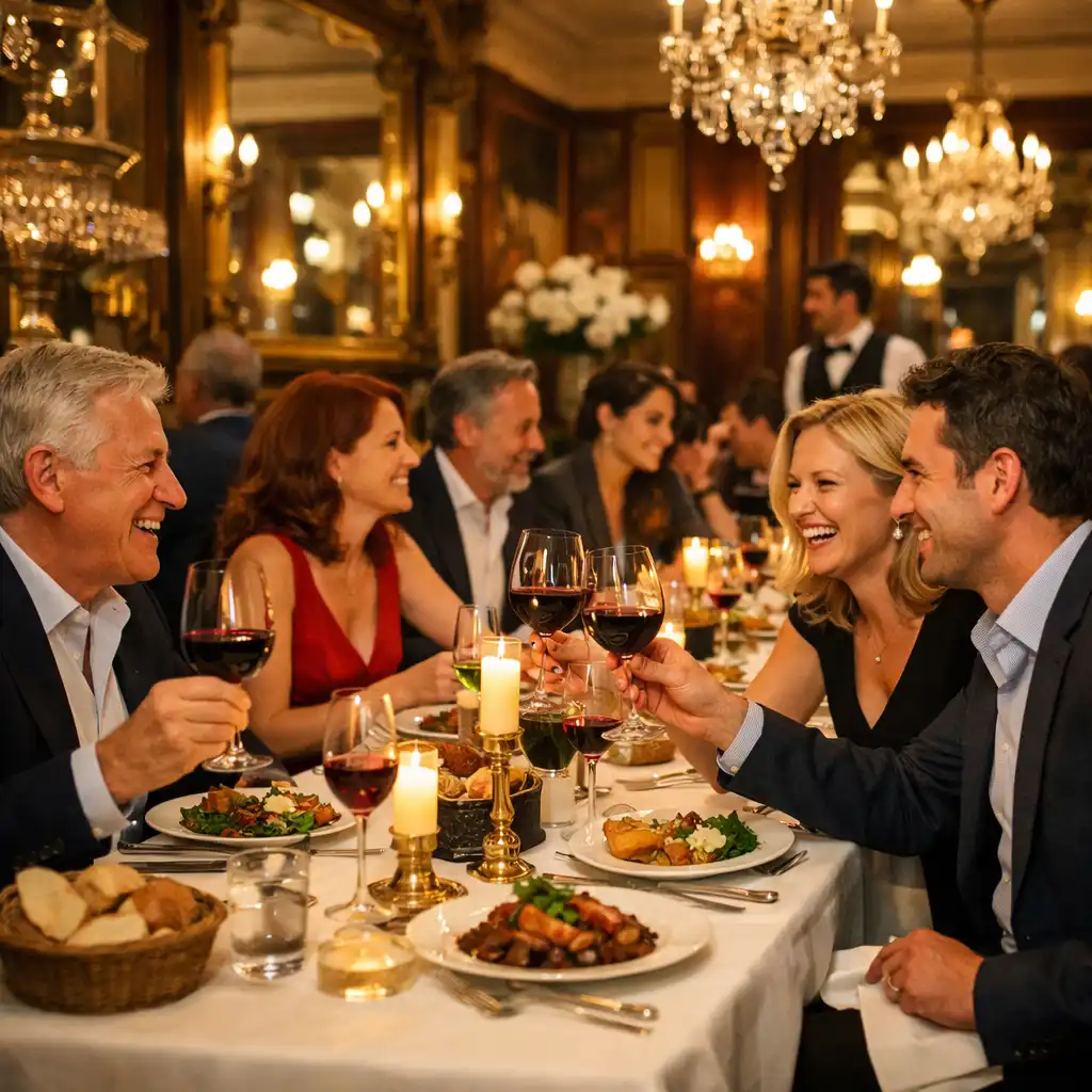 Grande tablée de groupe en fête au restaurant Monteliisse
