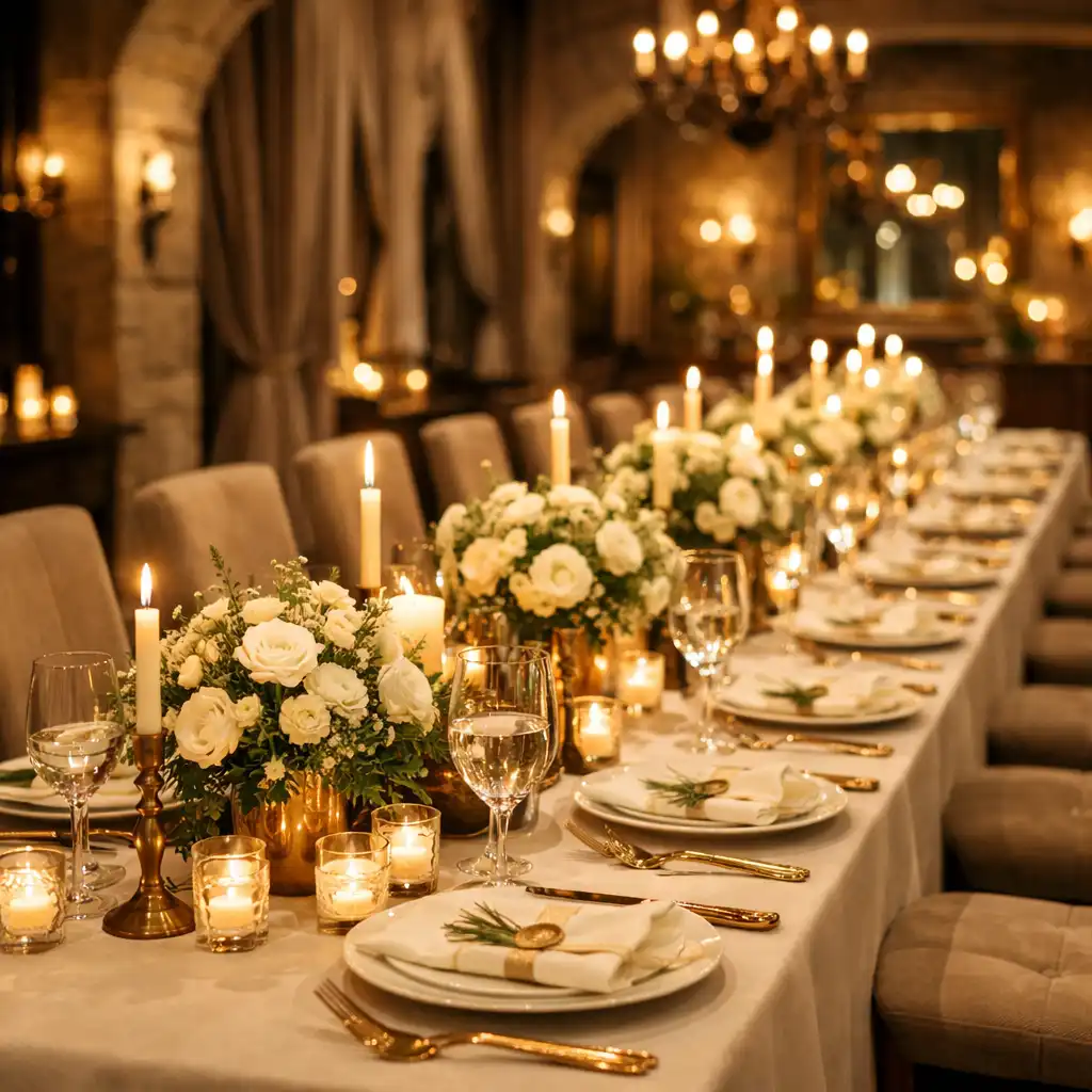 Grande tablée dressée pour une soirée conviviale chez Monteliisse, avec bougies et lumière chaleureuse